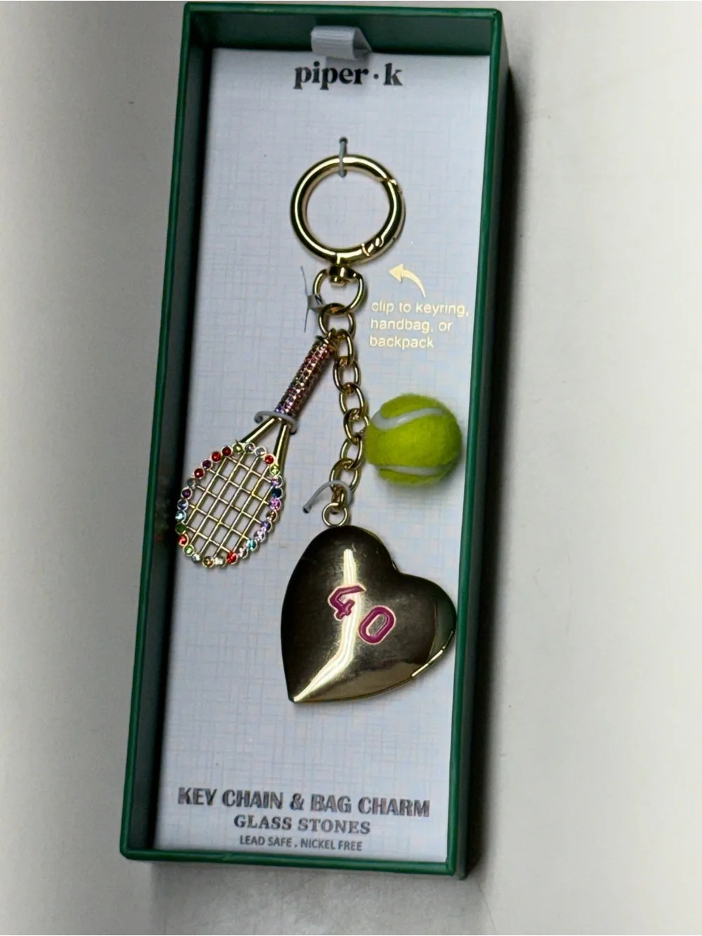 Piper Green & Pink Tennis Heart Keychain Bag Charm with Gold Heart